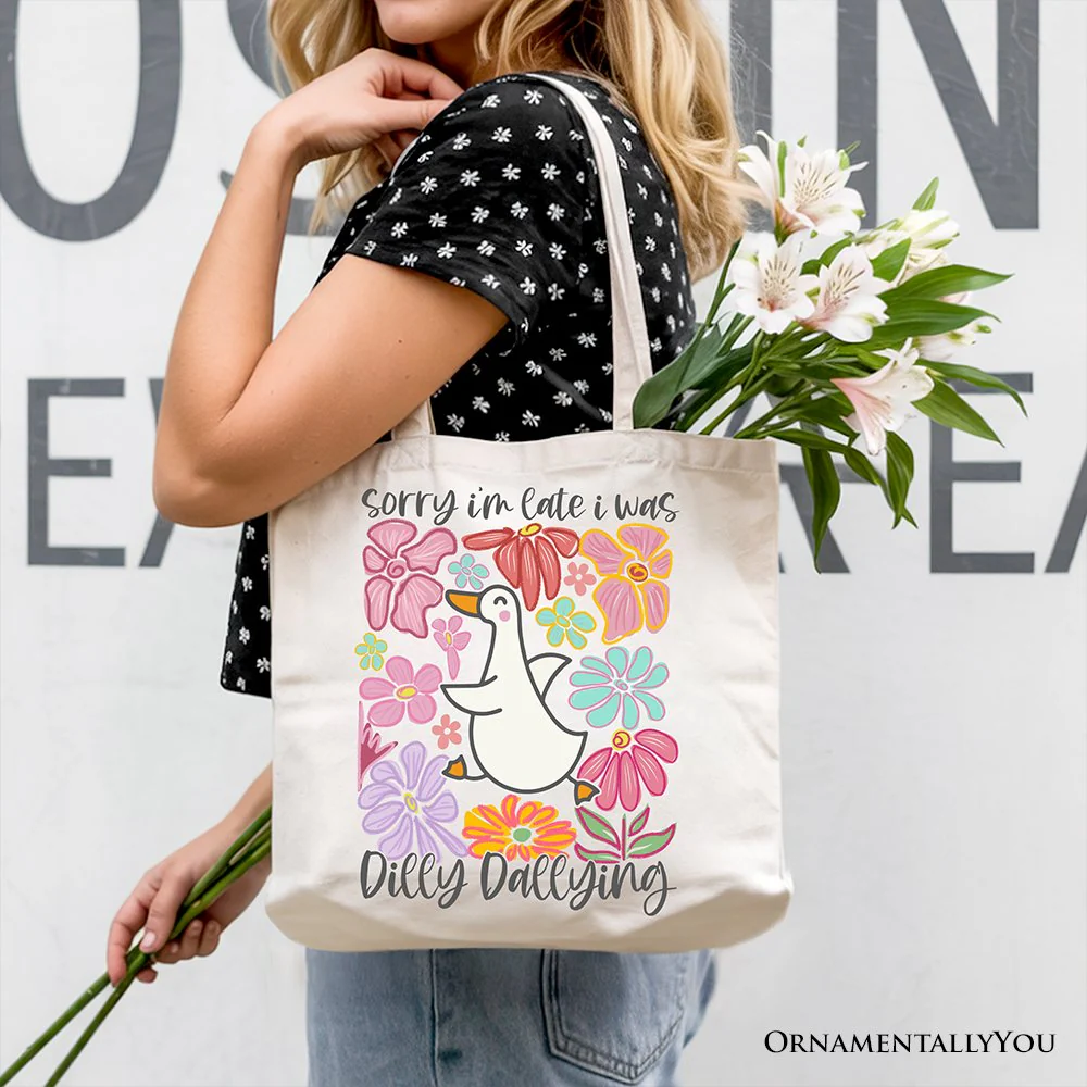 Sorry I'm Late I Was Dilly Dallying Goose Canvas Tote Bag, Cute Flowers Women Gift - Image 8