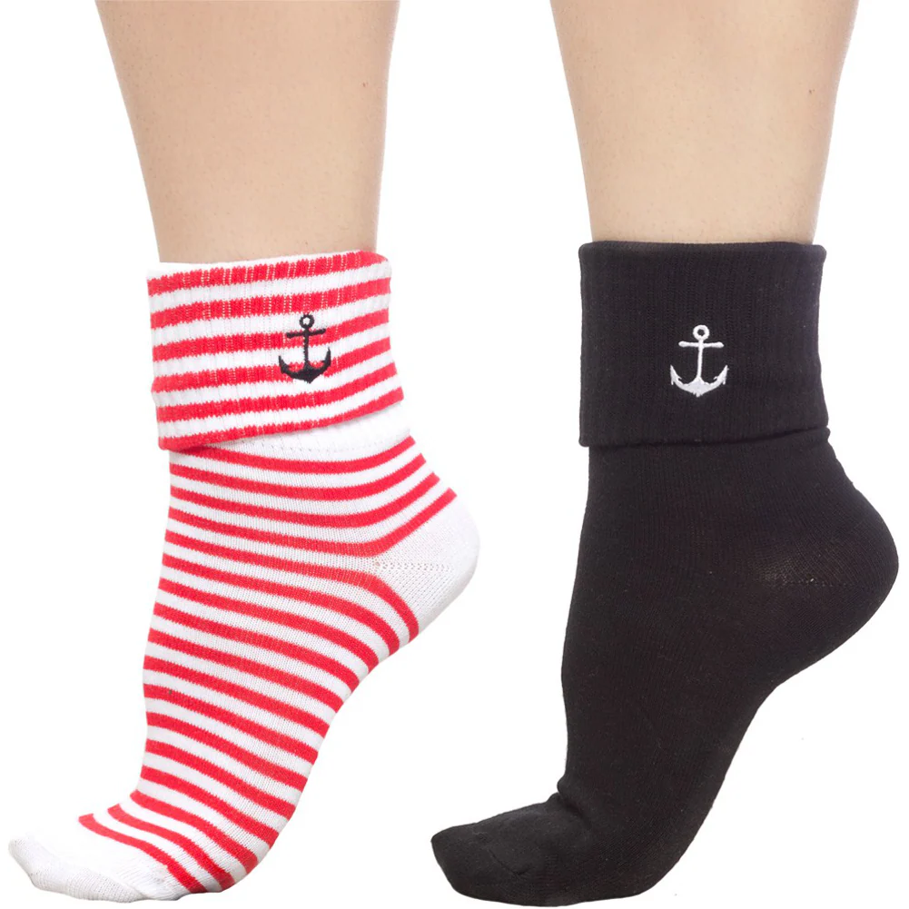 Sourpuss Anchor Socks Set of Two | Nautical Red Striped & Black Ankle Socks Women’s Size 5-10 - Image 2