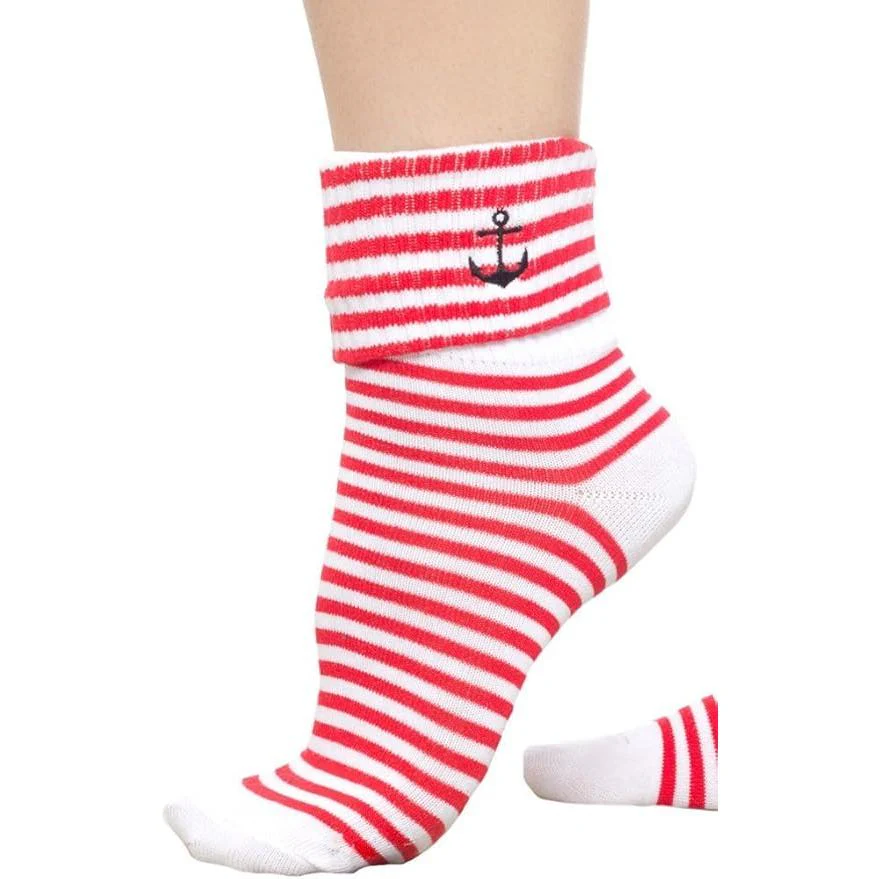 Sourpuss Anchor Socks Set of Two | Nautical Red Striped & Black Ankle Socks Women’s Size 5-10 - Image 3