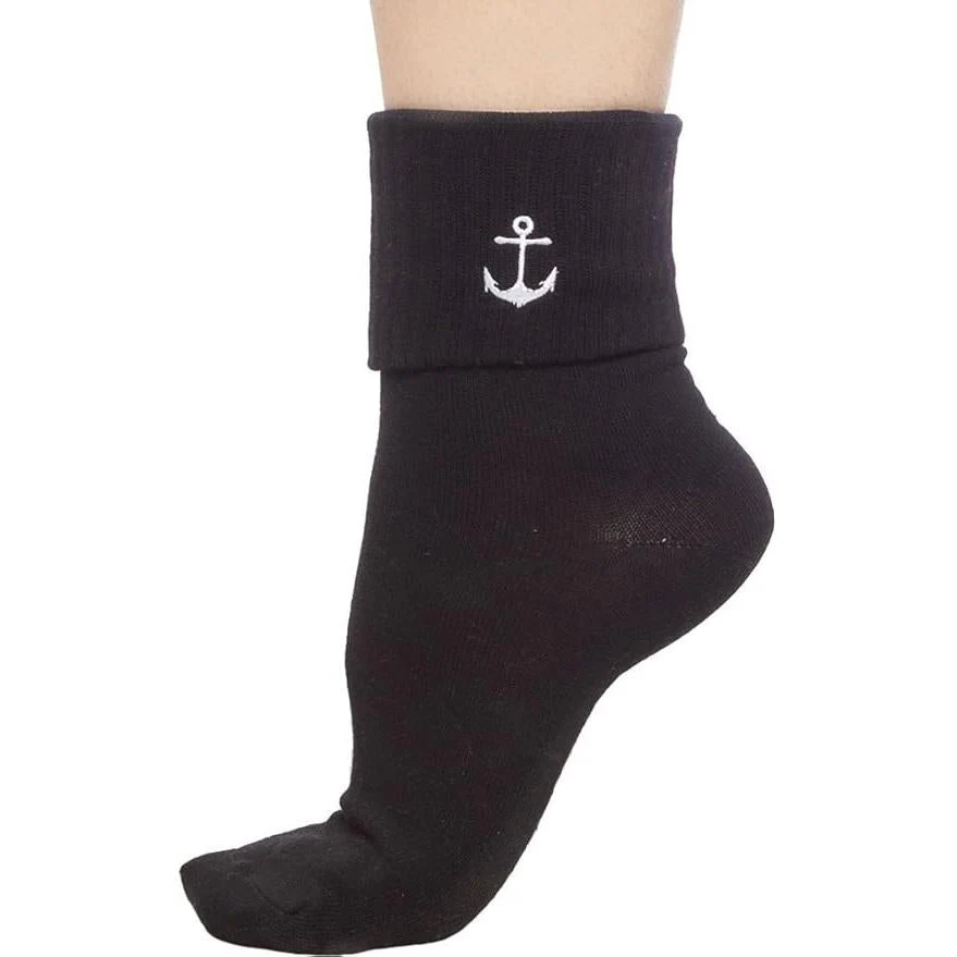 Sourpuss Anchor Socks Set of Two | Nautical Red Striped & Black Ankle Socks Women’s Size 5-10 - Image 4