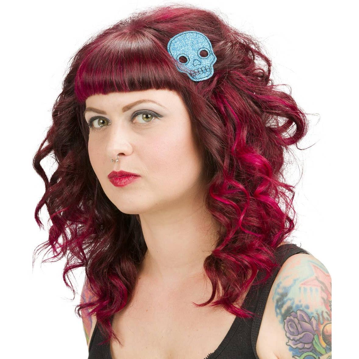 Sourpuss Aqua Blue Glitter Skull Hair Clips in Set of 2 | Gothic Hair Snap Clips - Image 2