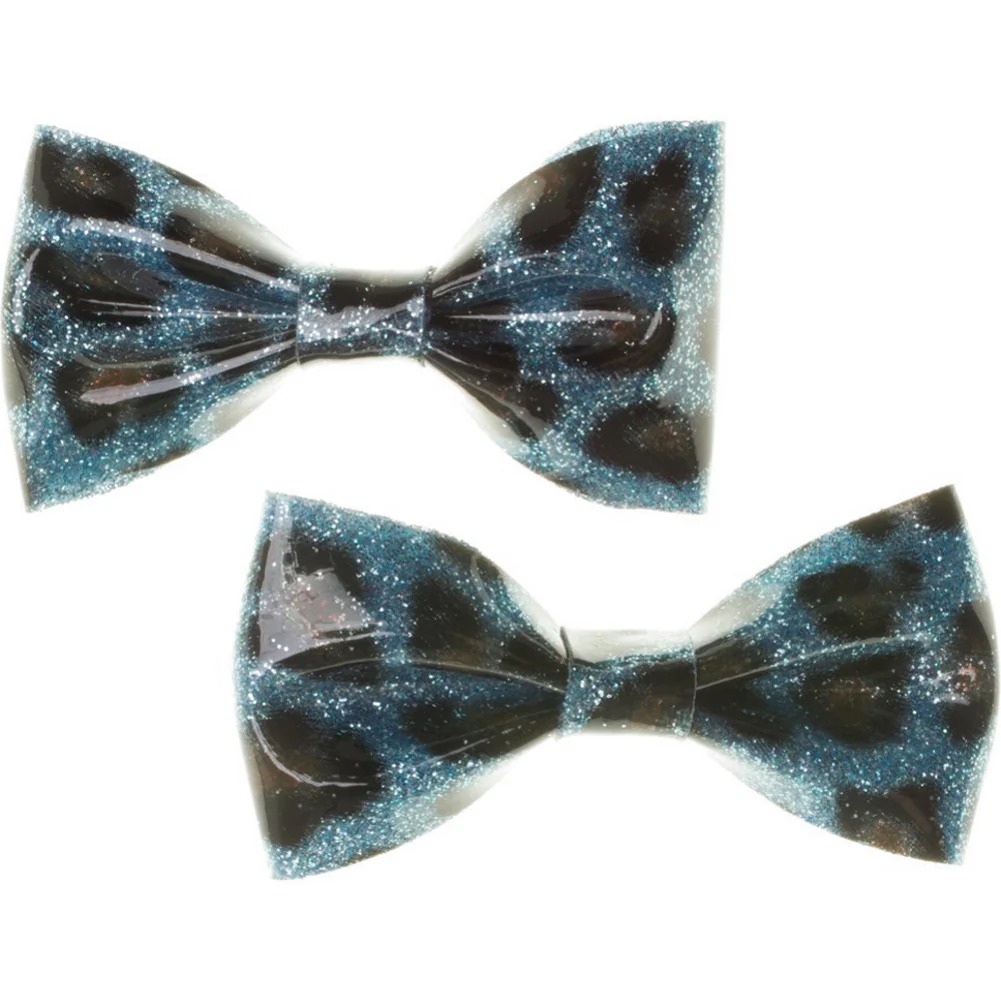 Sourpuss Blue Leopard Glitter Hair Bows Set of 2 | Rockabilly Hair Accessories Leopard Print Hair Clips - Image 2