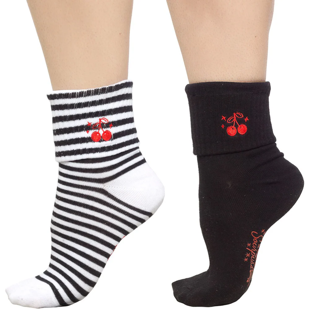 Sourpuss Cherries Socks in Set of Two | Women’s Black & White Striped and Solid Black Cherry Socks Size 5-10 - Image 2