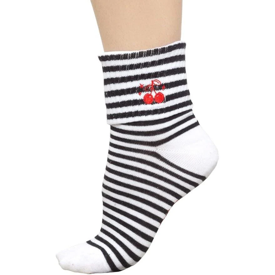 Sourpuss Cherries Socks in Set of Two | Women’s Black & White Striped and Solid Black Cherry Socks Size 5-10 - Image 3