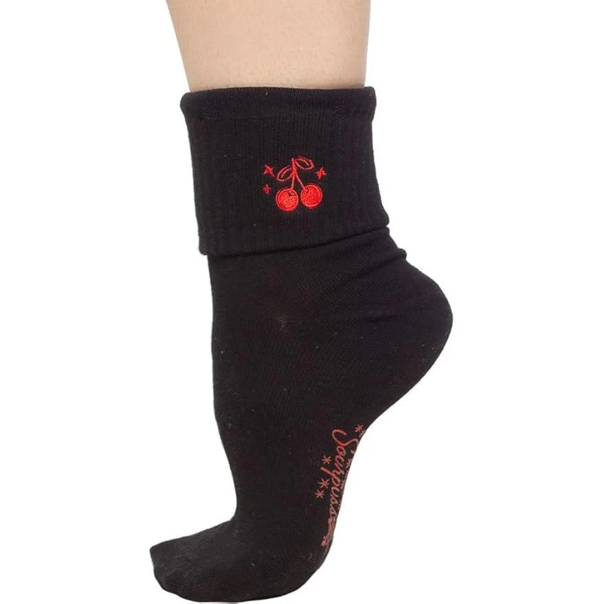 Sourpuss Cherries Socks in Set of Two | Women’s Black & White Striped and Solid Black Cherry Socks Size 5-10 - Image 4