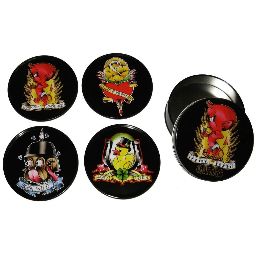 Classic Tattoo Coaster Set | Metal & Cork Retro Round Coasters in Gift Tin - Image 4