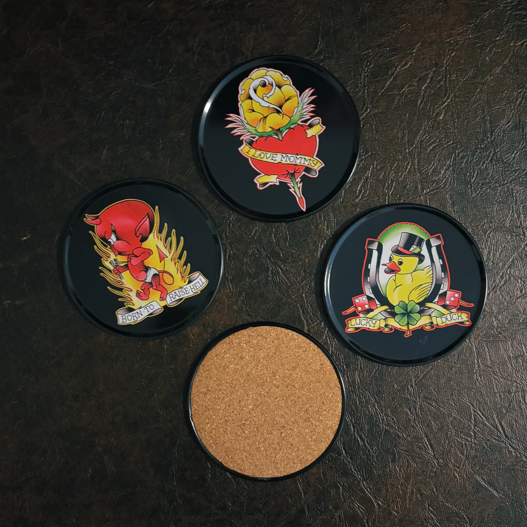 Classic Tattoo Coaster Set | Metal & Cork Retro Round Coasters in Gift Tin - Image 9