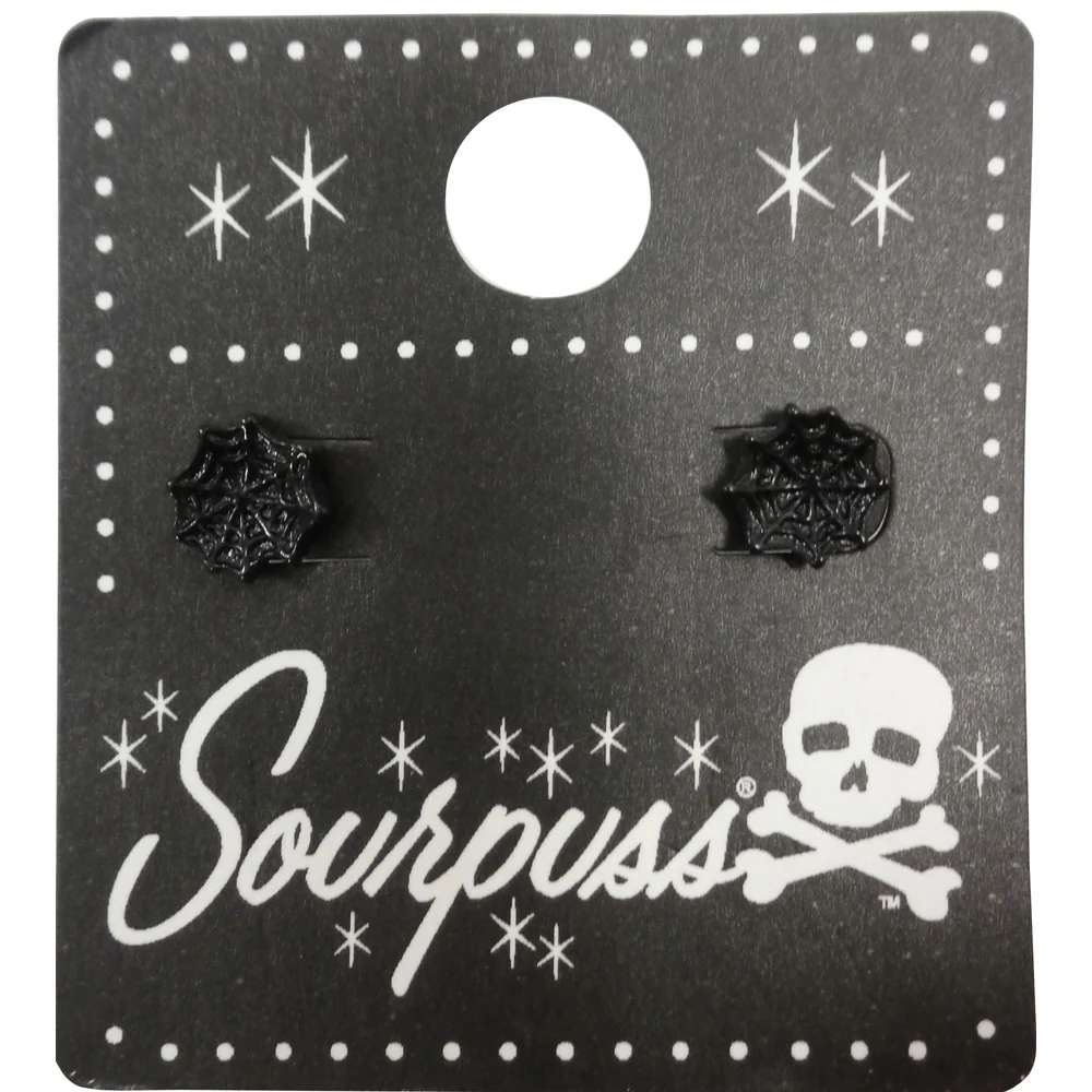 Sourpuss Earrings | Black Spider Web Studs | Gothic Rockabilly Resin Design - Image 3