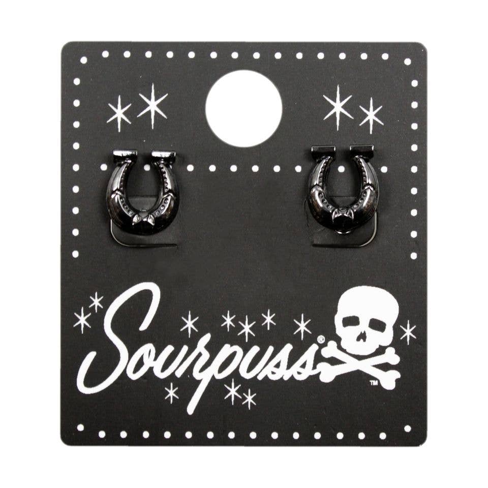 Sourpuss Earrings | Horseshoe Studs Black Gunmetal | Rockabilly Lucky Charm Jewelry - Image 3