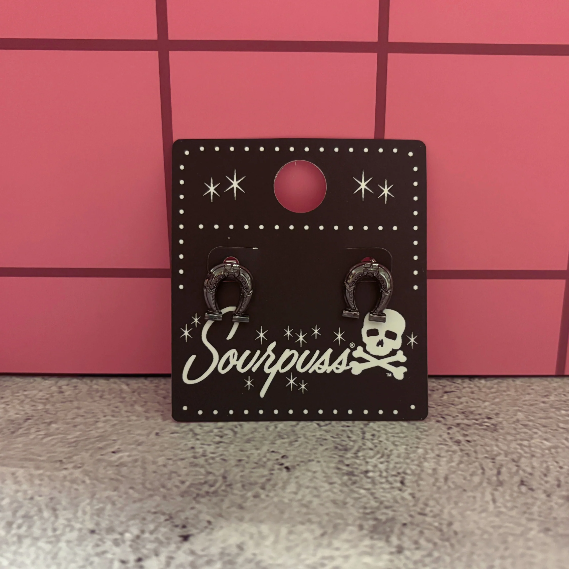 Sourpuss Earrings | Horseshoe Studs Black Gunmetal | Rockabilly Lucky Charm Jewelry - Image 8