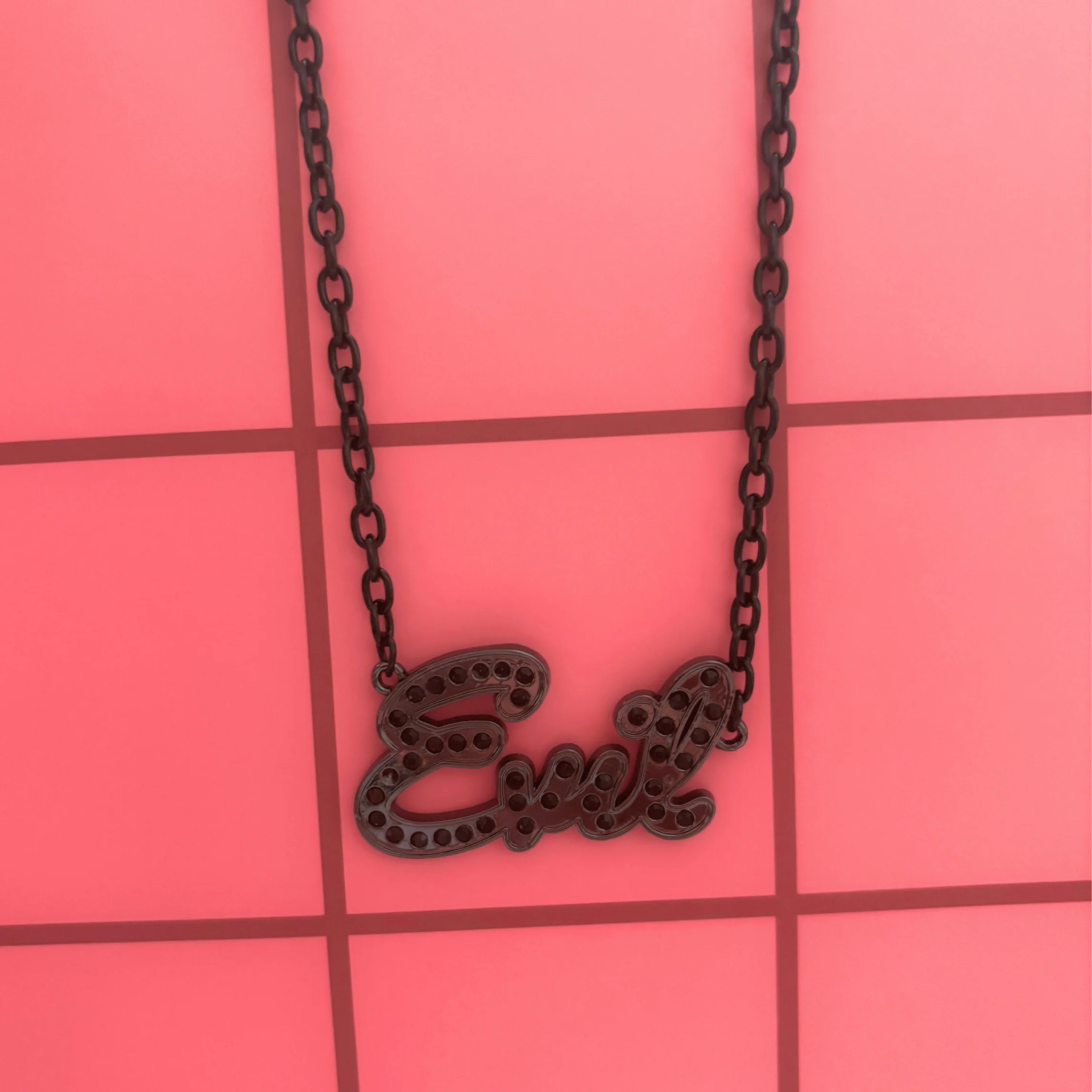 Sourpuss “Evil” Pendant Necklace with Black Rhinestones Gothic Statement Jewelry - Image 3