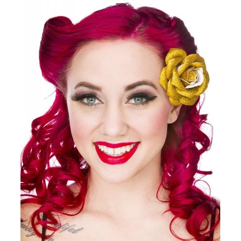 Sourpuss Gold Glitter Rose Hair Clip | Retro Rockabilly Sparkly Rose Alligator Clip - Image 2