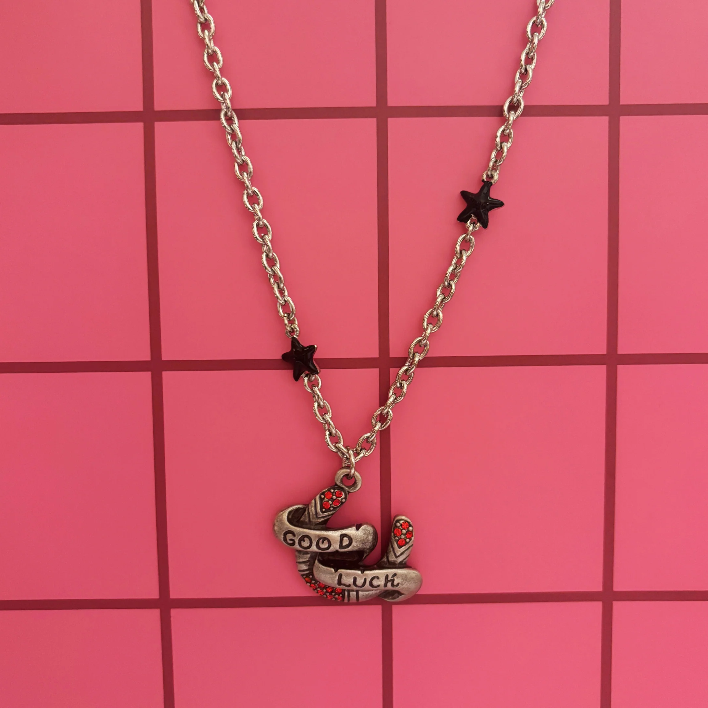 Sourpuss "Good Luck” Horseshoe Necklace with Red Rhinestones & Black Star Charms - Image 10
