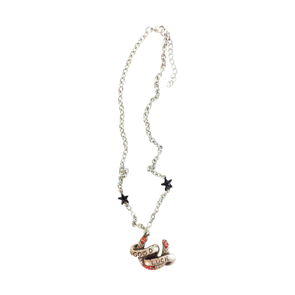 Sourpuss "Good Luck” Horseshoe Necklace with Red Rhinestones & Black Star Charms - Image 2