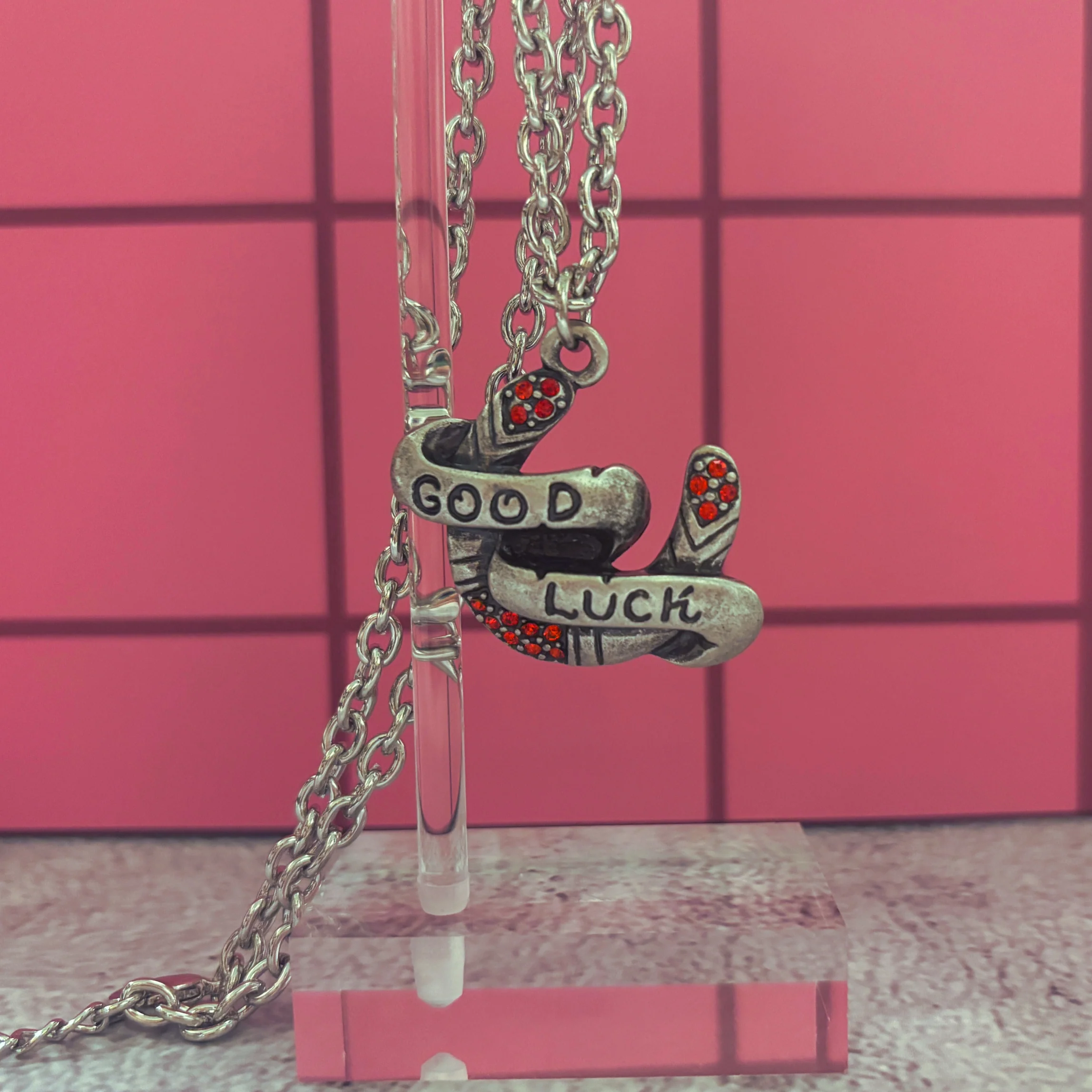 Sourpuss "Good Luck” Horseshoe Necklace with Red Rhinestones & Black Star Charms - Image 3