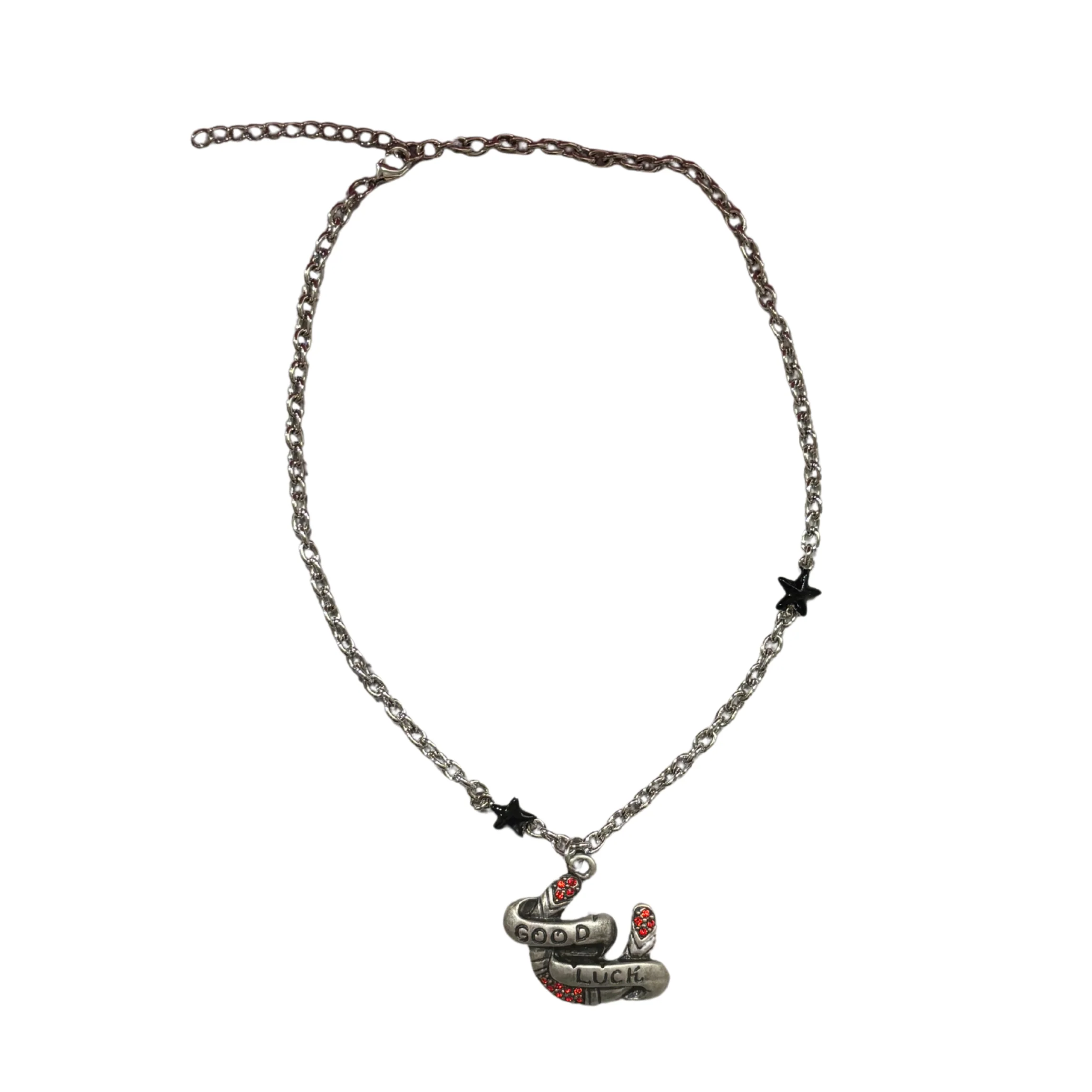 Sourpuss "Good Luck” Horseshoe Necklace with Red Rhinestones & Black Star Charms - Image 4