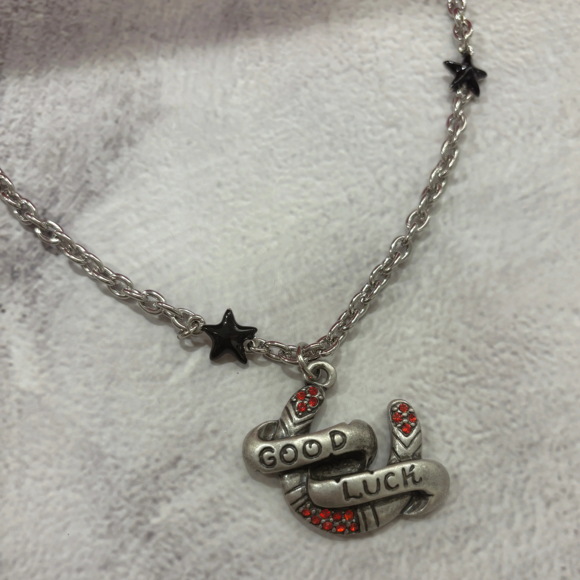 Sourpuss "Good Luck” Horseshoe Necklace with Red Rhinestones & Black Star Charms - Image 5