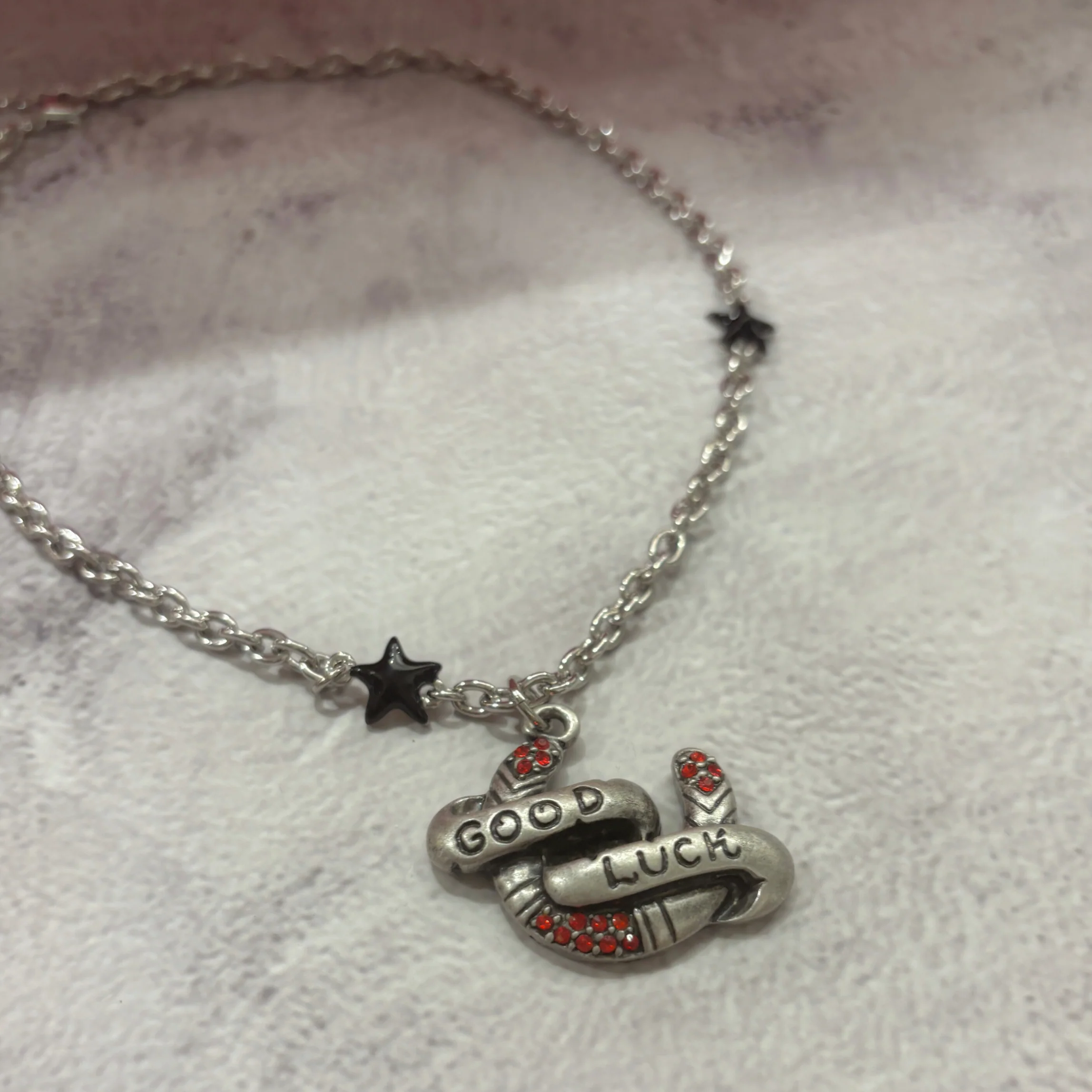 Sourpuss "Good Luck” Horseshoe Necklace with Red Rhinestones & Black Star Charms - Image 6