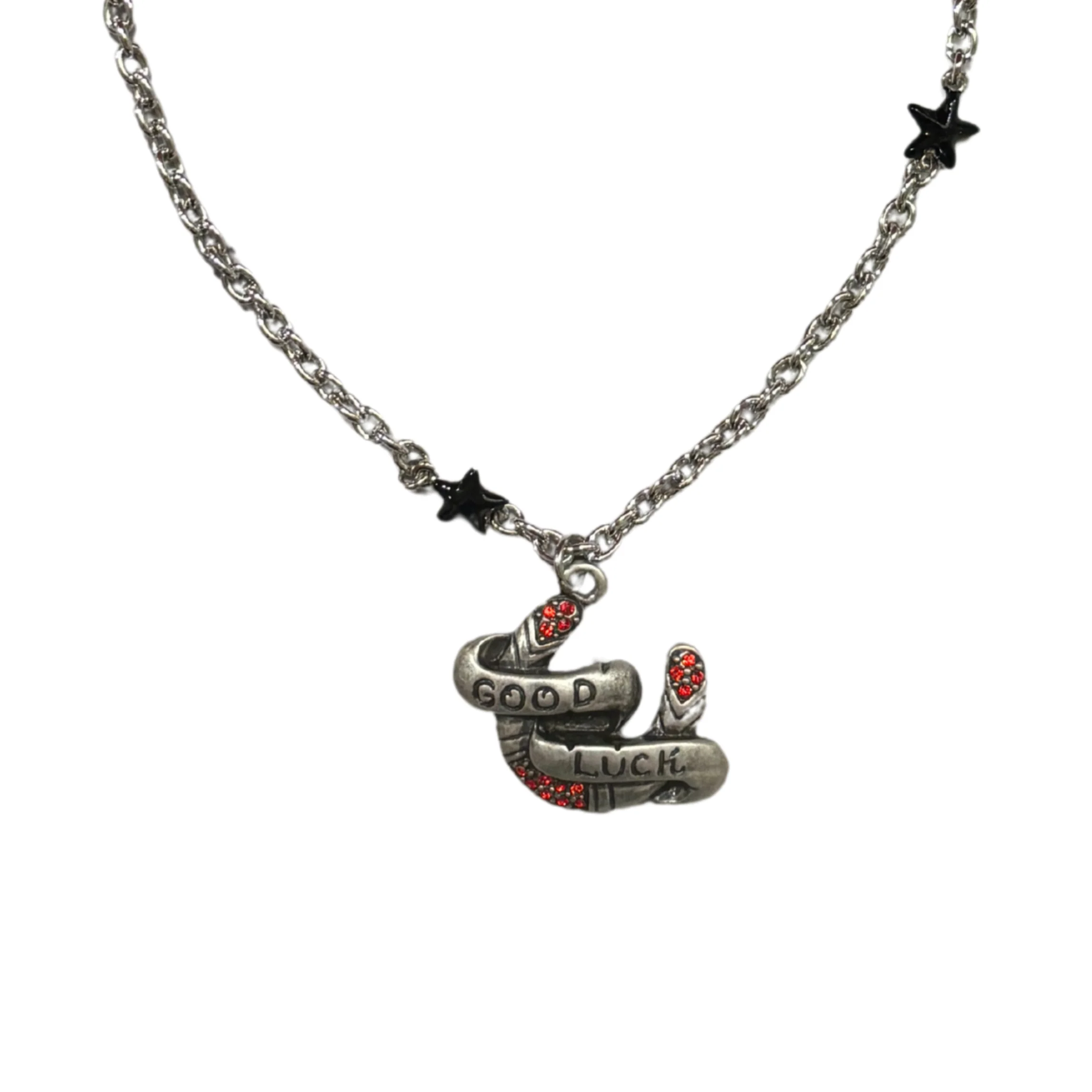 Sourpuss "Good Luck” Horseshoe Necklace with Red Rhinestones & Black Star Charms - Image 7