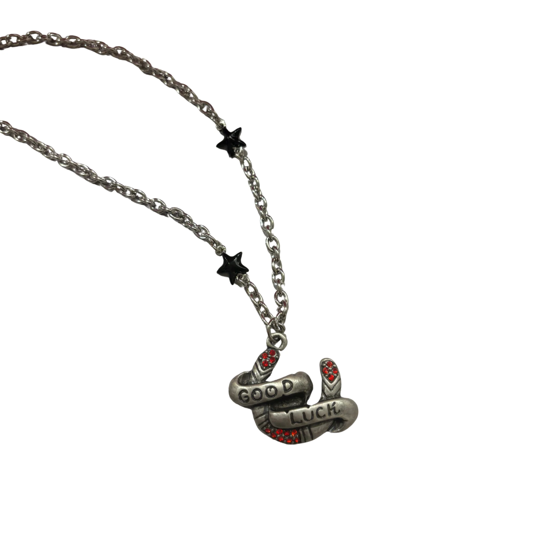 Sourpuss "Good Luck” Horseshoe Necklace with Red Rhinestones & Black Star Charms - Image 8