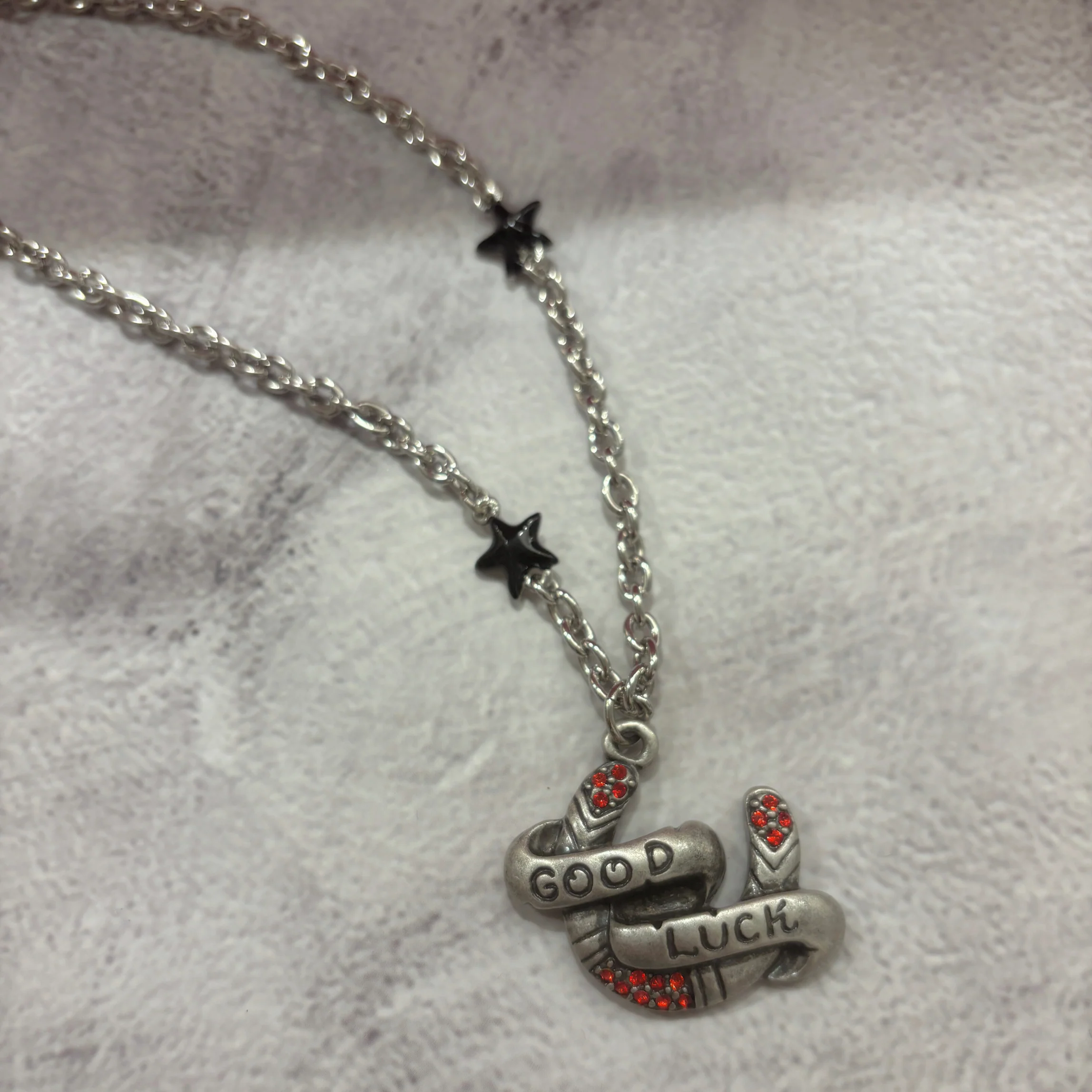 Sourpuss "Good Luck” Horseshoe Necklace with Red Rhinestones & Black Star Charms - Image 9