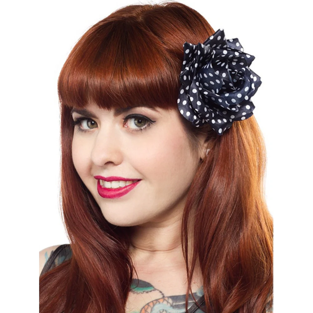 Sourpuss Navy Blue White Polka Dot Rose Hair Clip | Retro Pin-Up Rockabilly Hair Accessory - Image 2