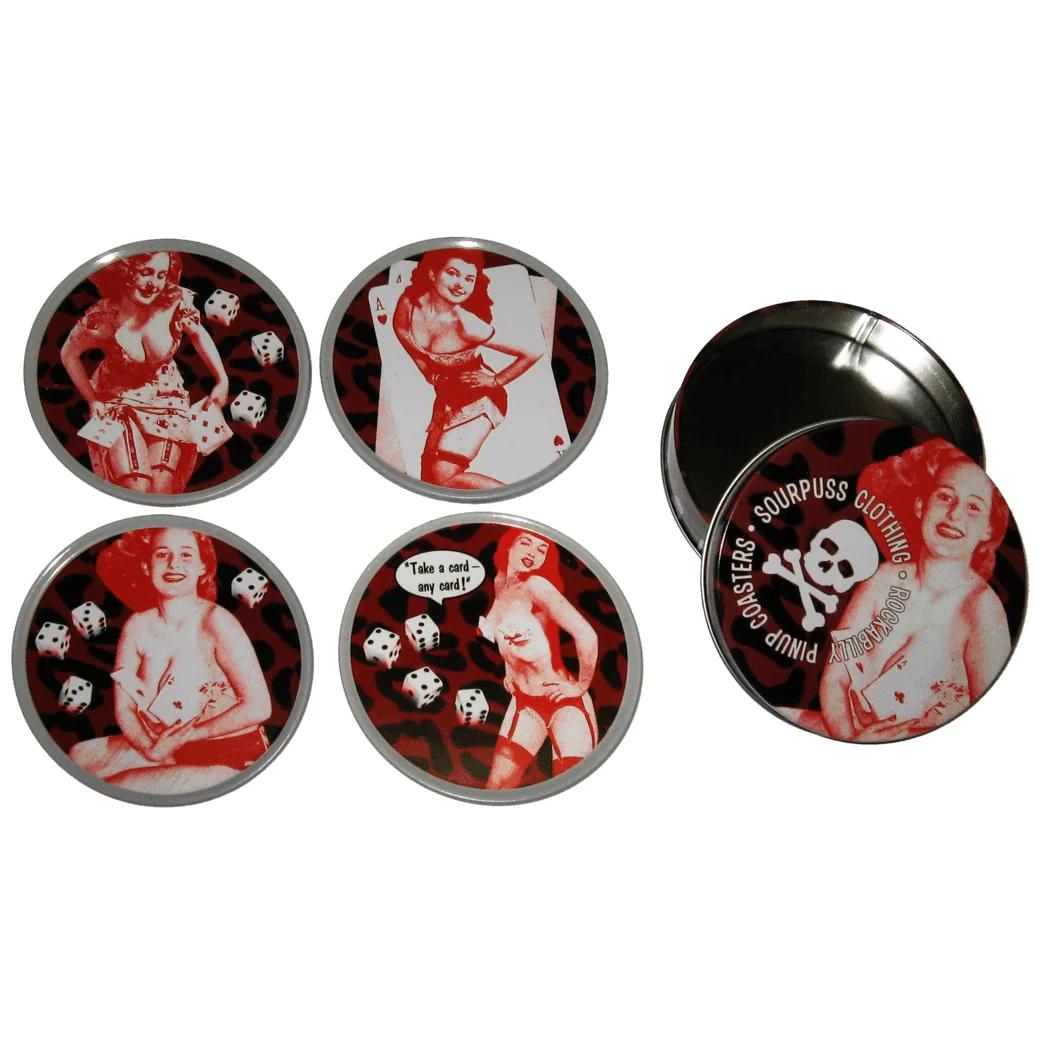 Sourpuss Nudie Coasters | Rockabilly Pin-Up Girls Set of Four | Metal & Cork Retro Drinkware with Storage Tin - Image 12