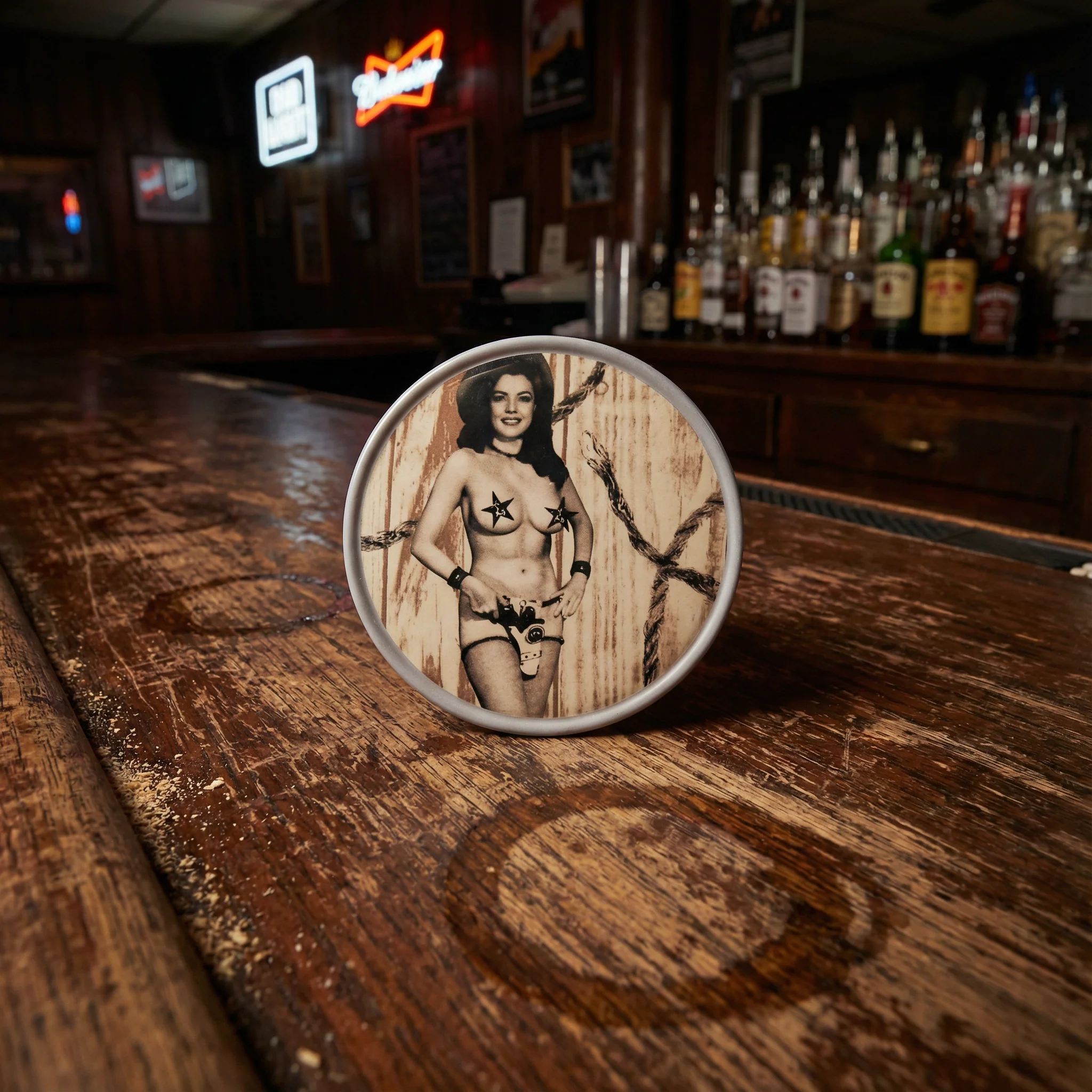 Sourpuss Nudie Coasters | Western Pin-Up Girls Set of Four | Metal & Cork Retro Round Drinkware with Tin - Image 2
