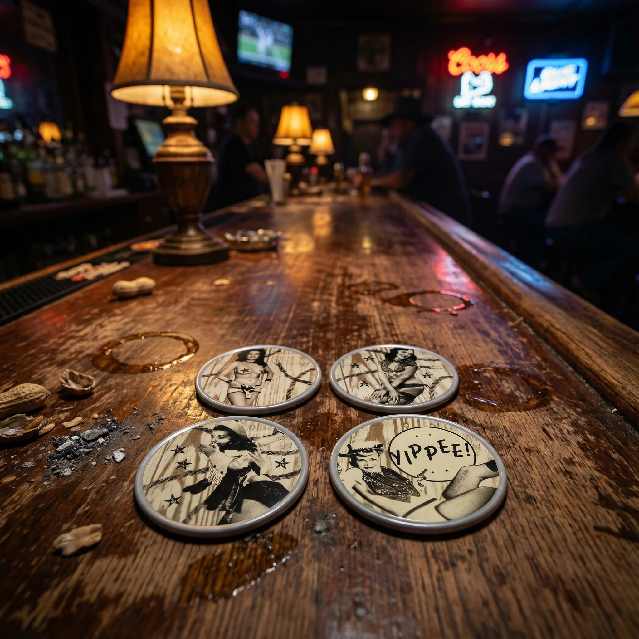Sourpuss Nudie Coasters | Western Pin-Up Girls Set of Four | Metal & Cork Retro Round Drinkware with Tin - Image 3