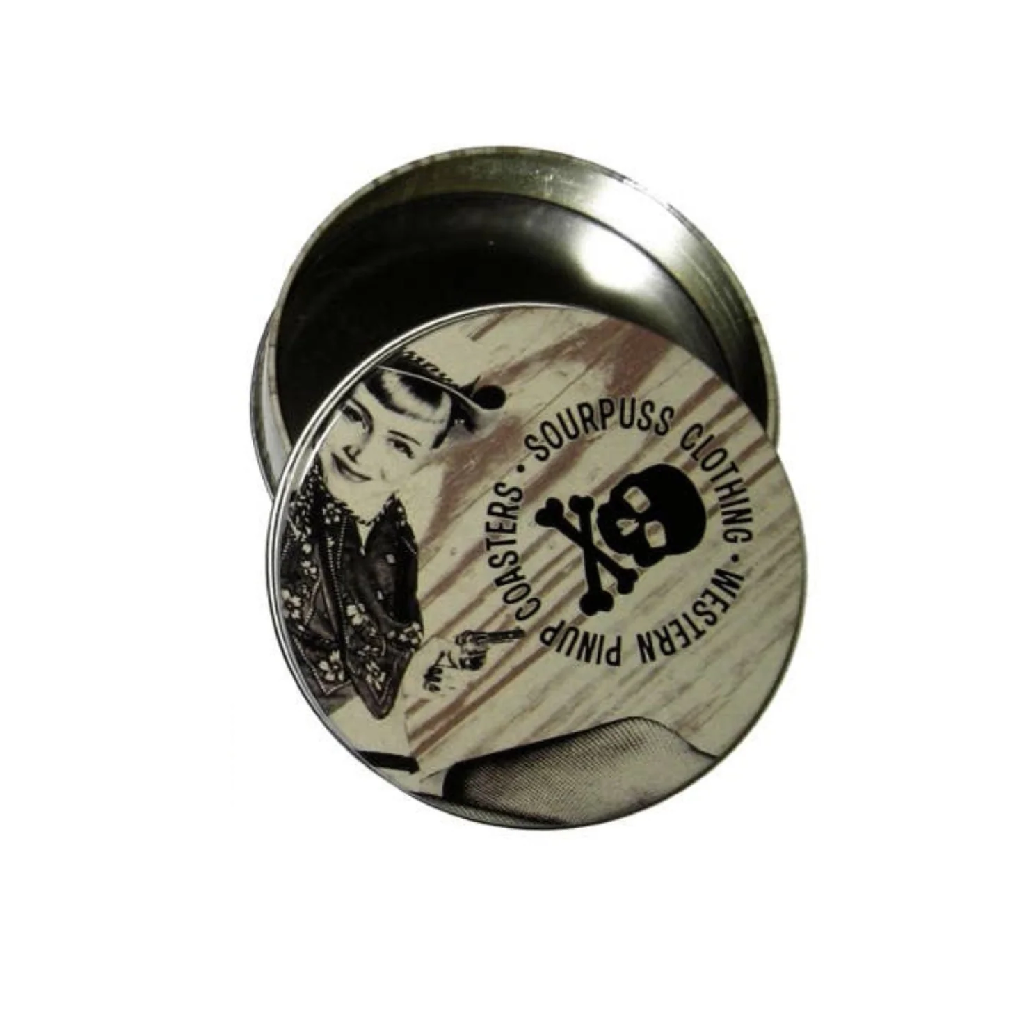 Sourpuss Nudie Coasters | Western Pin-Up Girls Set of Four | Metal & Cork Retro Round Drinkware with Tin - Image 4