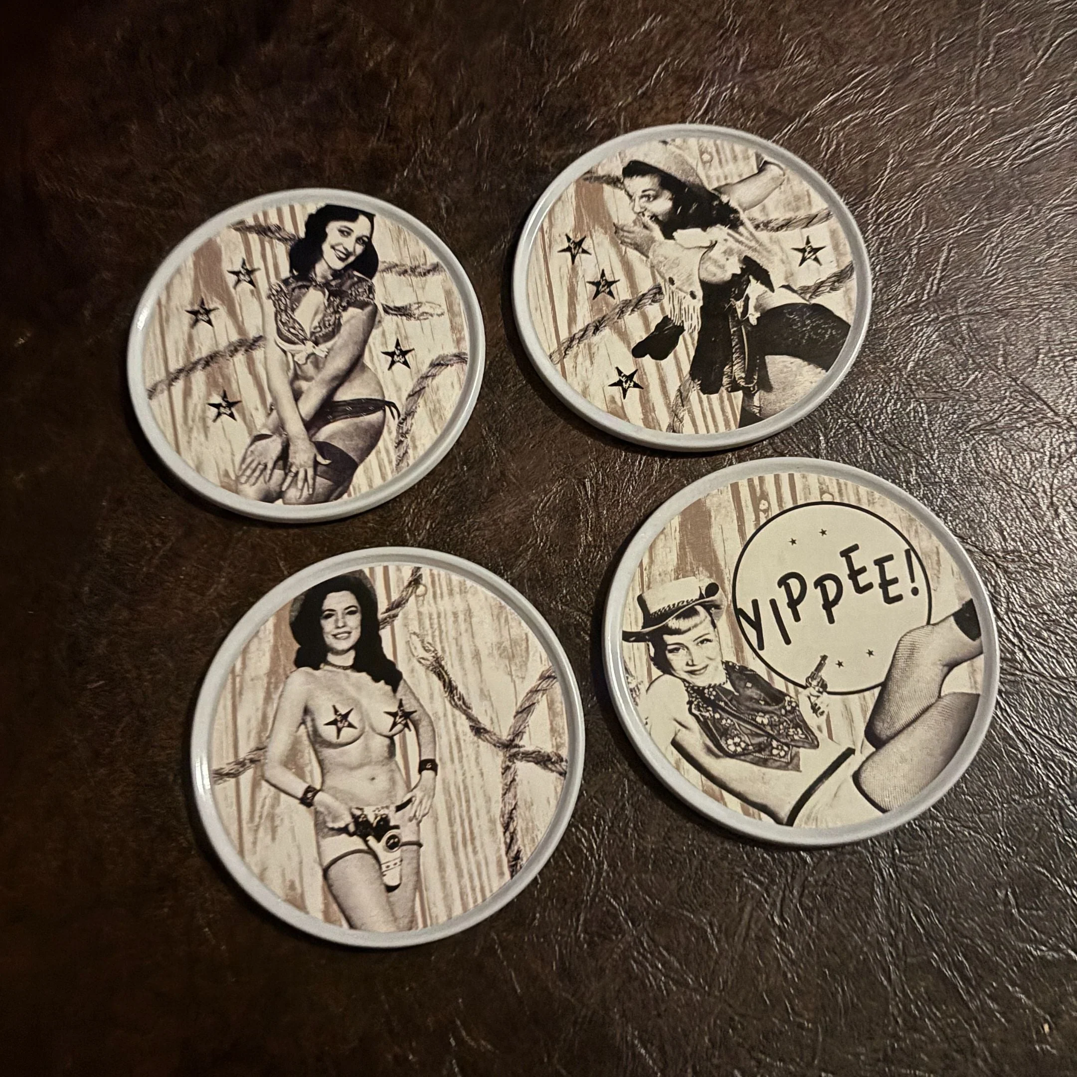 Sourpuss Nudie Coasters | Western Pin-Up Girls Set of Four | Metal & Cork Retro Round Drinkware with Tin - Image 5