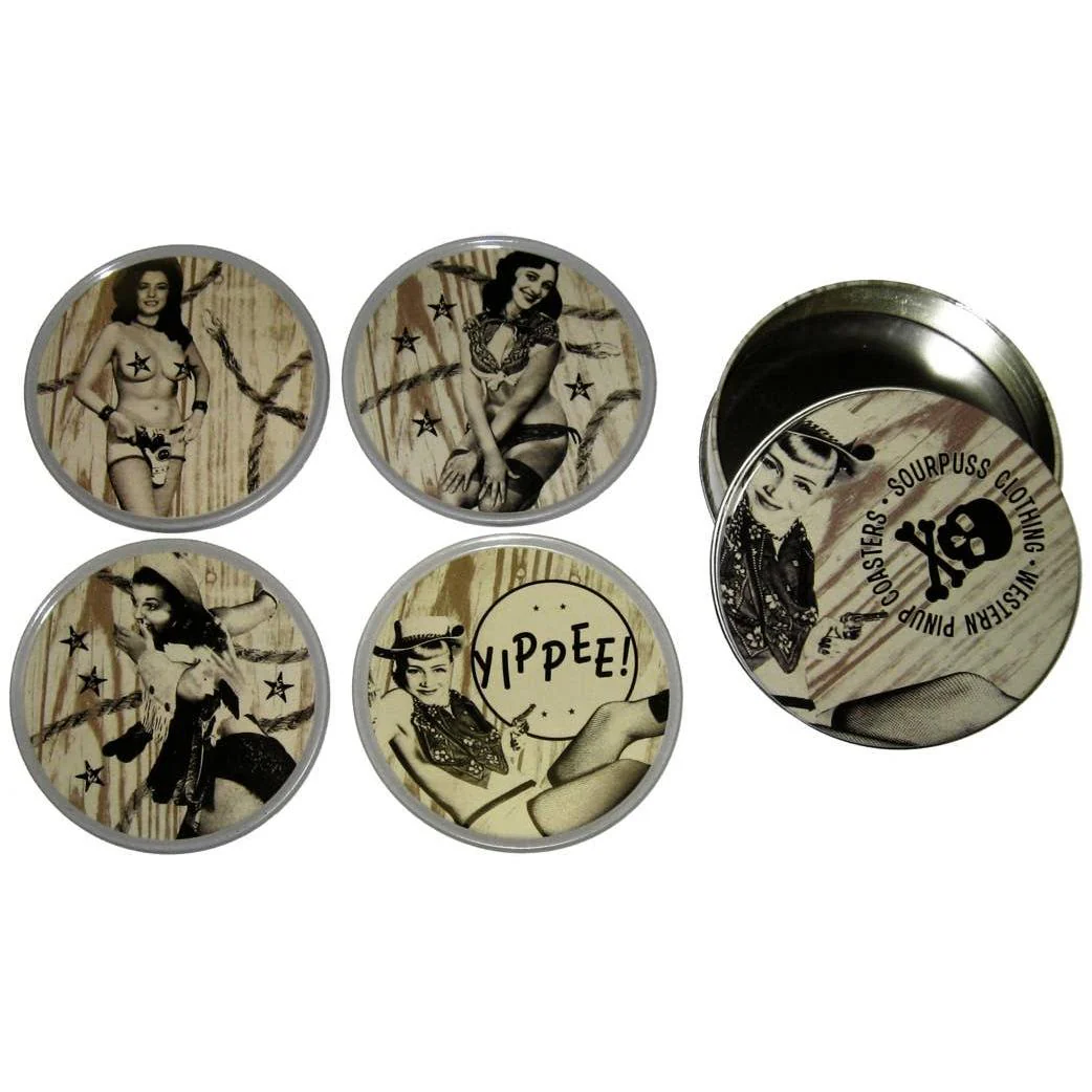 Sourpuss Nudie Coasters | Western Pin-Up Girls Set of Four | Metal & Cork Retro Round Drinkware with Tin - Image 6