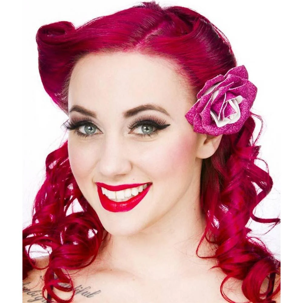 Sourpuss Pink Glittery Rose Hair Clip | Retro Rockabilly Pin-Up Sparkly Hair Accessory - Image 2