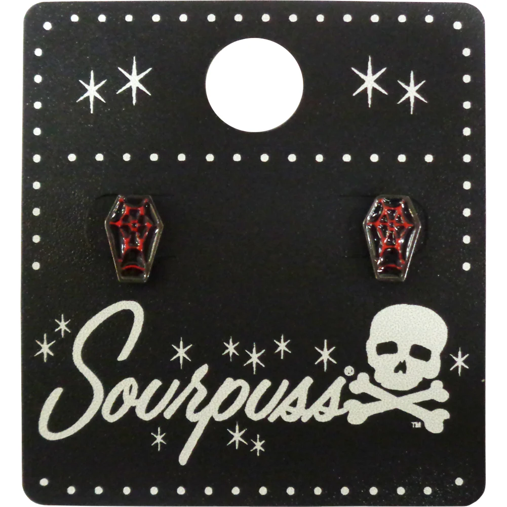 Sourpuss Red & Black Coffin Earrings | Gothic Studs Alternative Jewelry | Spooky Fashion Accessories - Image 2