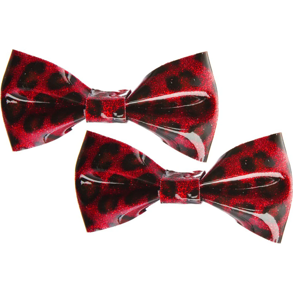 Sourpuss Red Leopard Glitter Hair Bows Set of 2 | Retro Rockabilly Pin-Up Hair Clips - Image 2