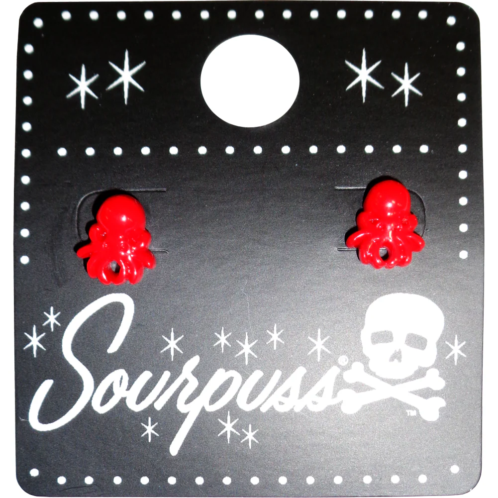 Sourpuss Red Octopus Earrings | Nautical Studs Rockabilly Jewelry | Alternative Sailor Accessories - Image 2