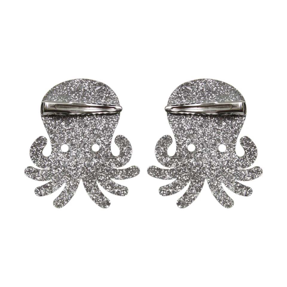 Sourpuss Silver Glitter Octopus Hair Clips Set of 2 | Nautical Rockabilly Hair Accessories - Image 3