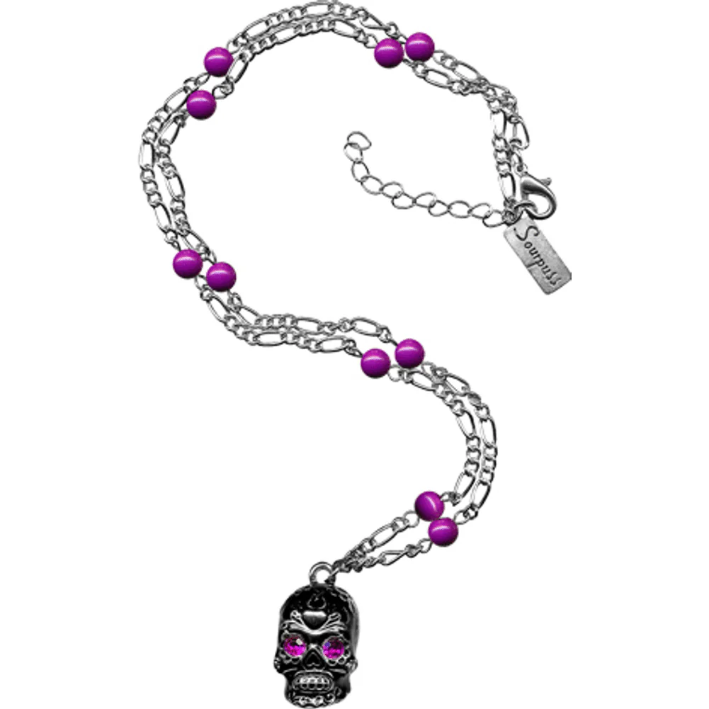 Sourpuss Silver Skull Pendant Necklace | Sugar Skull with Rhinestone Eyes – Clear & Purple Options - Image 2