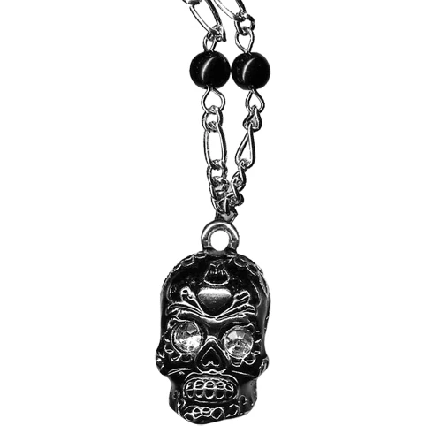 Sourpuss Silver Skull Pendant Necklace | Sugar Skull with Rhinestone Eyes – Clear & Purple Options - Image 3
