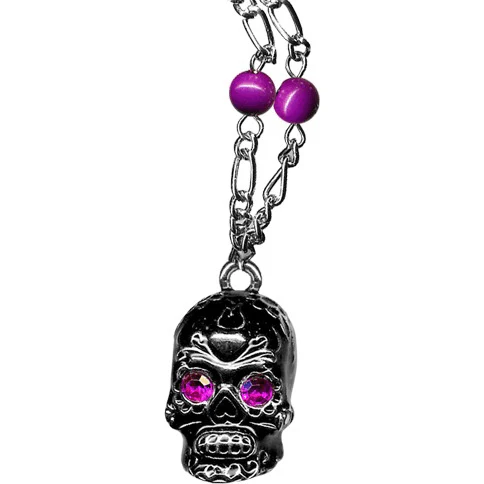Sourpuss Silver Skull Pendant Necklace | Sugar Skull with Rhinestone Eyes – Clear & Purple Options - Image 4
