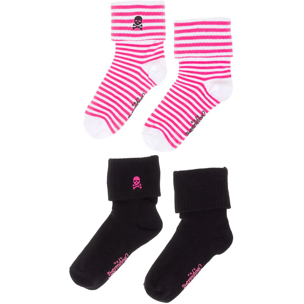 Sourpuss Skull Socks in Set of Two | Pink White Striped & Black Cuffed Novelty Socks Women Size 5-10 - Image 2