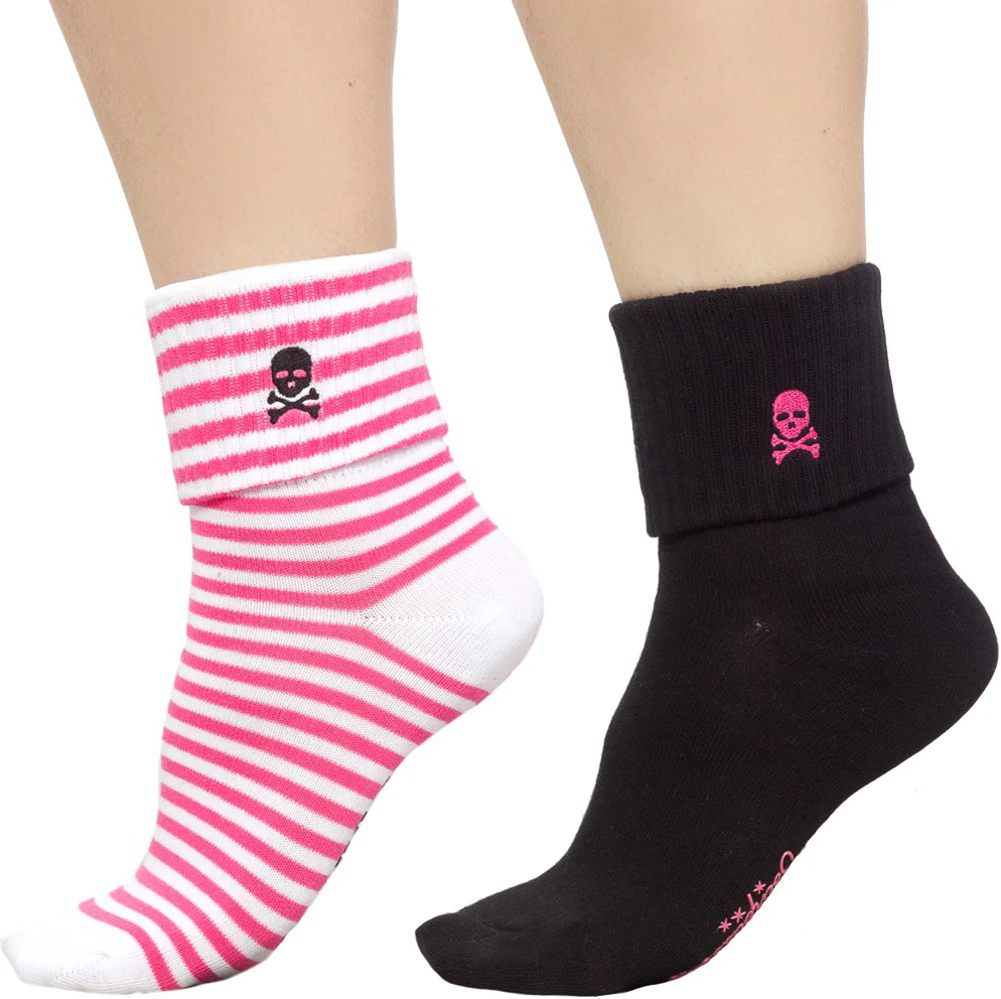 Sourpuss Skull Socks in Set of Two | Pink White Striped & Black Cuffed Novelty Socks Women Size 5-10 - Image 3