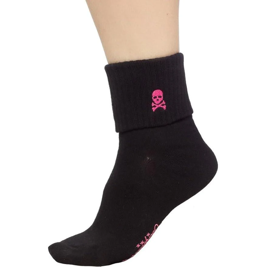 Sourpuss Skull Socks in Set of Two | Pink White Striped & Black Cuffed Novelty Socks Women Size 5-10 - Image 4