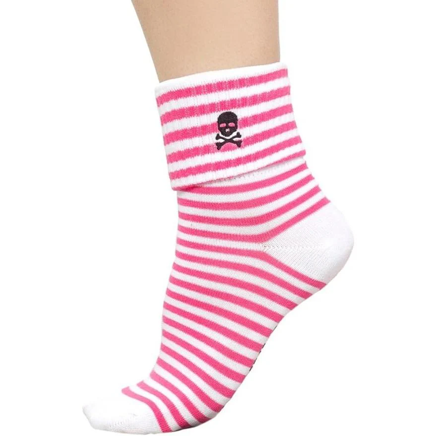 Sourpuss Skull Socks in Set of Two | Pink White Striped & Black Cuffed Novelty Socks Women Size 5-10 - Image 5