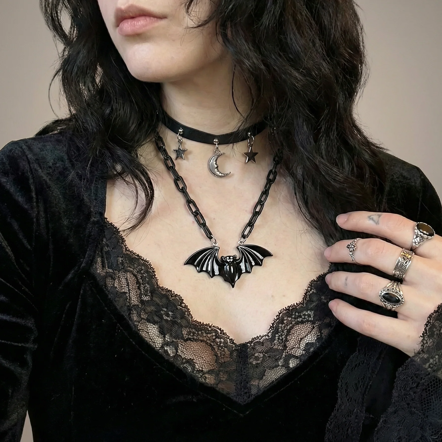 Sourpuss Smiling Vampire Bat Necklace | Chunky Chain Gothic Bat Pendant with Fang Grin - Image 2