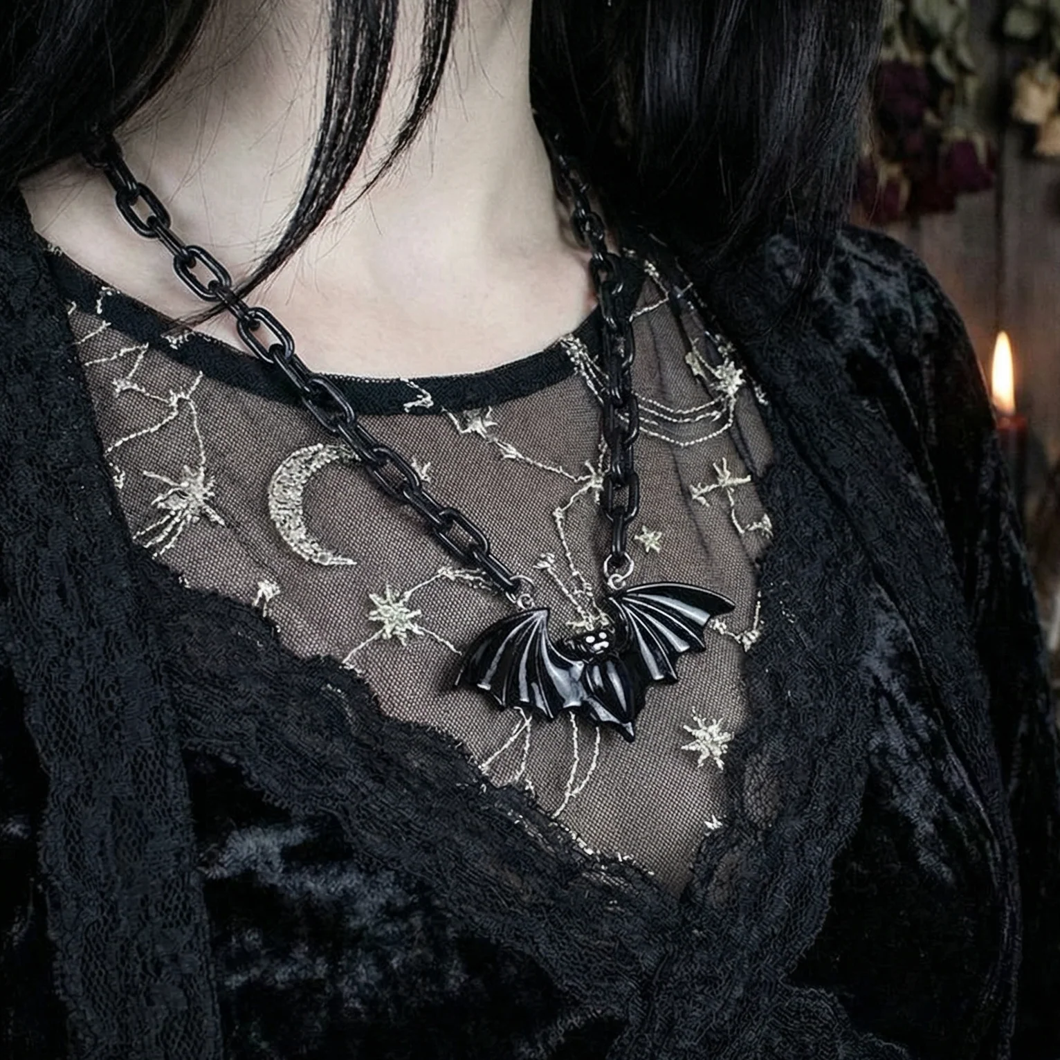 Sourpuss Smiling Vampire Bat Necklace | Chunky Chain Gothic Bat Pendant with Fang Grin - Image 4