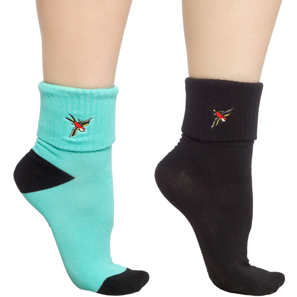 Sourpuss Sparrow Socks in Set of Two | Teal & Black Cuffed Novelty Socks Women Size 5-10 - Image 2