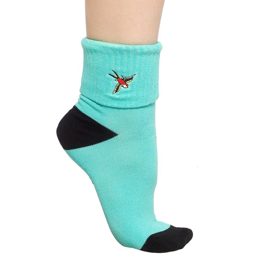 Sourpuss Sparrow Socks in Set of Two | Teal & Black Cuffed Novelty Socks Women Size 5-10 - Image 3