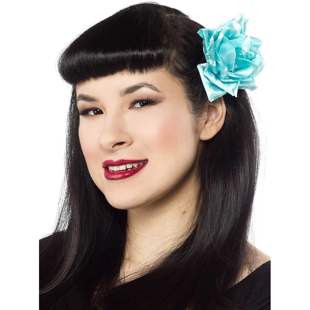Sourpuss Turquoise & White Skull Rose Hair Clip | Gothic Rockabilly Pin-Up Hair Accessory - Image 2