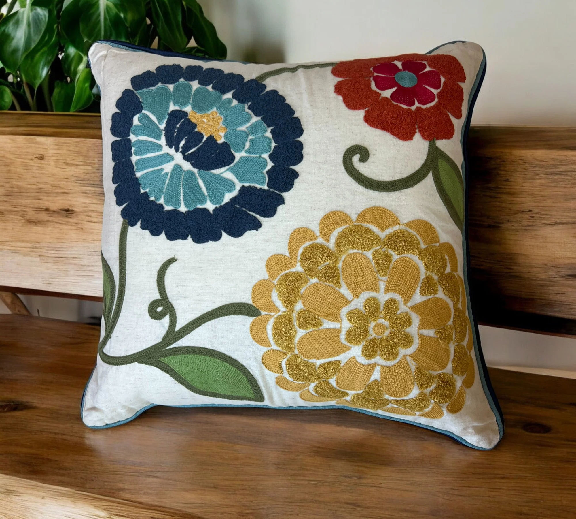 18x18" Embroidered Floral Boho Floral Throw Pillow Decorative Cover - Image 2